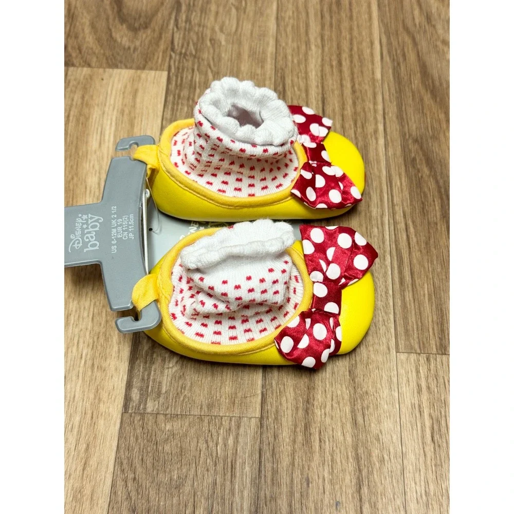 NEW Disney Baby Minnie Mouse Yellow Red Polka Dot Bow Booties Sock Top 6-12M